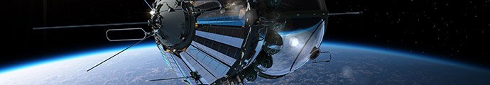 In the foreground a high tech satellite in orbit, with earth an the vast expanse of space as a background.