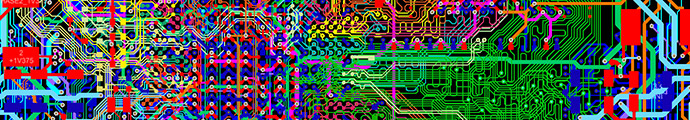 Screenshot of a computer generated PCB layout, lots of layers and traces visible.